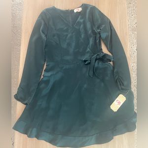 NWT GB girls Dark satin Green Ruffle hem dress